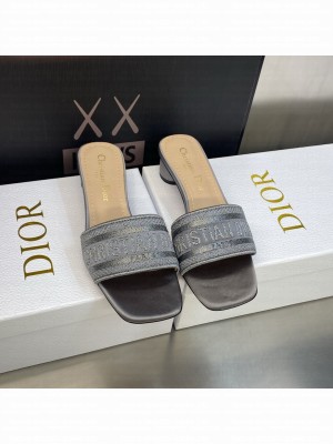 Dior Dway Heeled Slide Sandals 4cm in Cotton Embroidered 2023 Collection 035