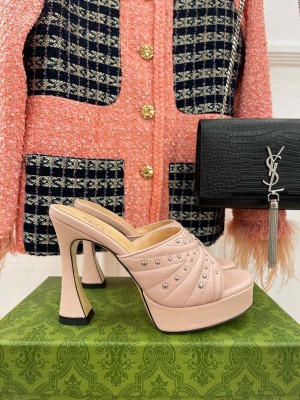 Gucci Leather Platform Slide Sandal 11cm with GG and Studs 2023 Pink