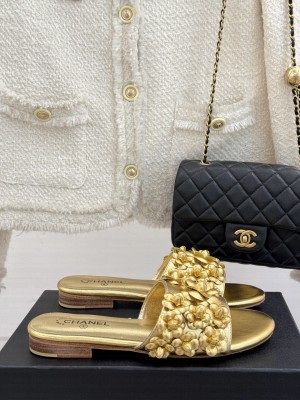 Chanel Lambskin Flat Slides Sandal with Camellia Bloom gold 2025