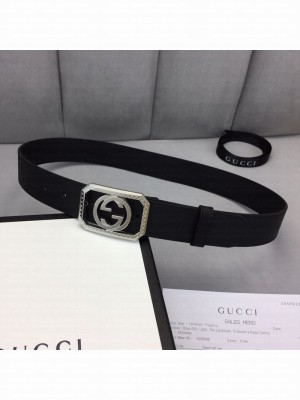 Gucci Calfskin Belt 35mm with Framed Interlocking G Buckle Black/Silver Collection
