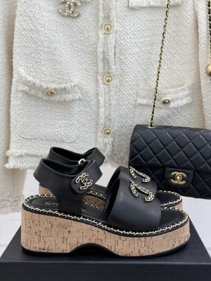 Chanel platform double C with chain sandals Black leather 2025