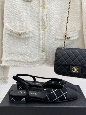 Chanel Slingback 7cm Suede Goatskin & Grosgrain Flat Black G31319 2025