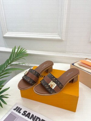 Louis Vuitton Lock It Heel Slide Sandals 4.5cm in Monogram Canvas Brown 2023 09