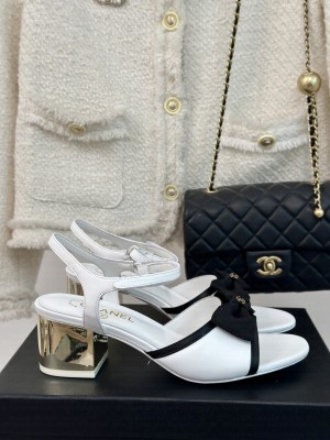 Chanel 5cm Lambskin & Grosgrain Bow Sandals G45690 White