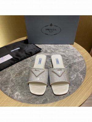 Prada Satin Flat slides sandals With Cryscals 2022 Collection，White