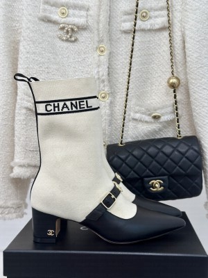 Chanel Knit Ankle Boots With Charm Buckle Strap White