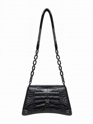 Balenciaga Downtown Small Shoulder Bag With Chain Crocodile Embossed Black