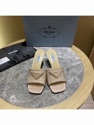Prada 6cm Satin slides sandals With Cryscals Mule 2022 Collection,Beige