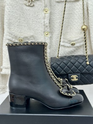 Chanel Women's Chain Around With Bow Leather/Patent Ankle Boots Black