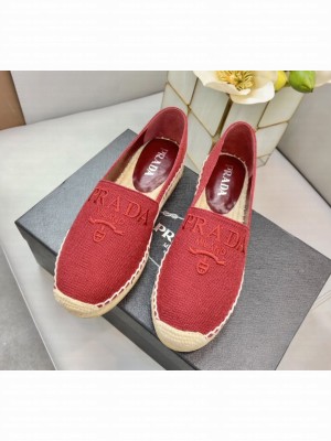 Prada Linen Logo Embroidered Espadrilles Flats 2022 Collection Red