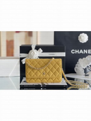 Chanel Grained Calfskin Classic Wallet on Chain WOC Yellow/Light Gold 2024 Top Quality