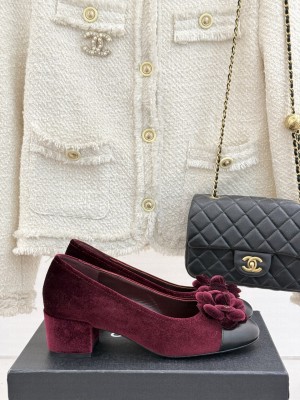 Chanel Velvet Pumps with Camellia Bloom Charm Burgundy 2025