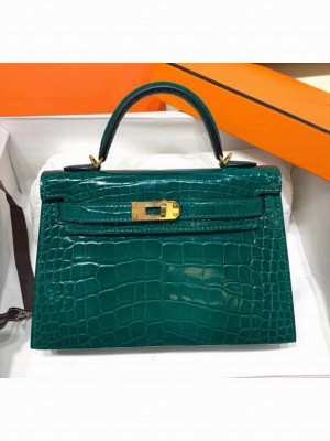 Hermes Mini Kelly II Handbag in Glossy Real Alligator Leather Cyan (Handmade) Collection