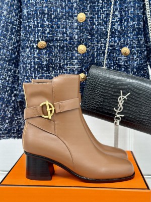 Hermes Jill 60 ankle boot in calfskin golden Glenan buckle brown
