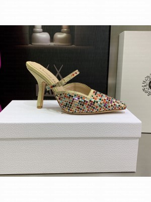 Dior Muleat Heel Mules in Beige Cotton Embroidered with Square Strass 9.5cm 2022 Collection