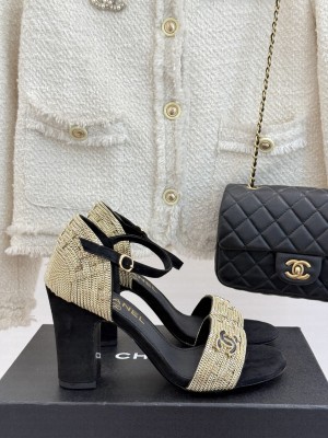 Chanel Velvet & metal Chain CC Logo 9cm Sandals Black 