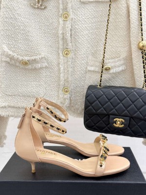 Chanel Calfskin Heel Sandals 3.5cm with Logo Charm Beige 2025