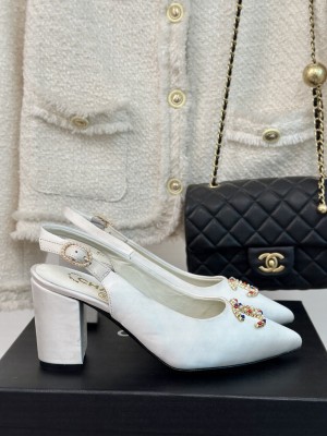 Chanel Satin Slingback Chunky Heel 7cm Pumps White
