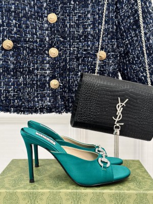 GUCCI Horsebit With Crystals Slide Sandals 9.5cm In Green