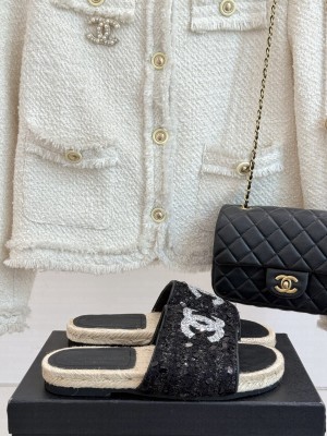 Chanel Tweed Espadrilles Crystal CC Logo Slide Mules Black