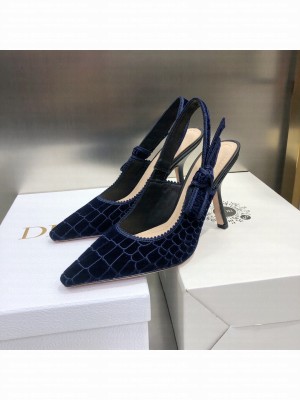 Dior J'Adior Slingback Pumps 6.5cm in Navy Blue Crocodile-Effect Embroidered Velvet 2021 Collection
