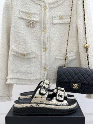 Chanel Velcro Beach Slide Sandals White/Black 2025