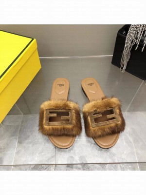 Fendi Signature Brown mink slides Brown