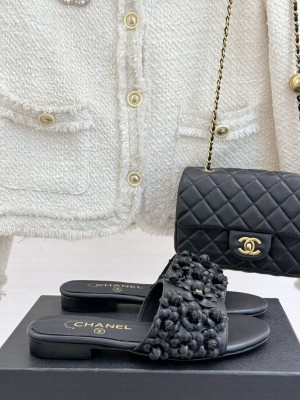 Chanel Lambskin Flat Slides Sandal with Camellia Bloom black 2025