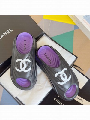 Chanel Unisex Slide Sandals Black/Purple