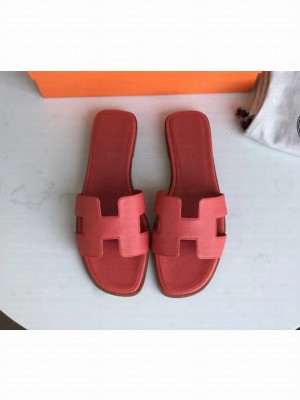 Hermes Oran Flat slippers in epsom leather Rose Jaipur with brown piping