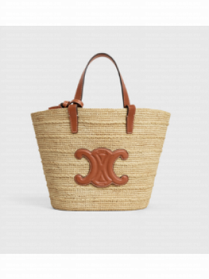 CELINE TEEN SUPPLE CELINE CLASSIC PANIER IN RAFFIA AND CALFSKIN 115802 TAN