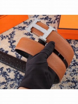 Hermes Width 3.8cm Ostrich Pattern Calfskin Reversible Belt Brown/Black(Silver) 2020 Collection