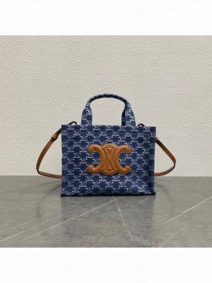 Celine SMALL CABAS THAIS IN DENIM WITH TRIOMPHE ALL-OVER EMBROIDERY AND CALFSKIN 199162 NAVY