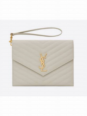 Yves Saint Laurent MONOGRAM CLUTCH IN QUILTED GRAIN DE POUDRE EMBOSSED LEATHER 617662 white