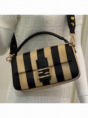 Fendi Baguette Striped Snakeskin Medium Bag Beige/Black  2021 Collection