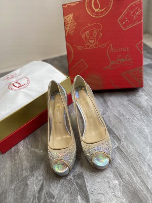 Christian Louboutin Grained Leather Crystal Mesh 10cm Peep-toe Platform 2021 Collection