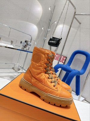 HERMES FRESH ANKLE BOOTS IN CALFSKIN AND LIGHT PARACHUTE FABRIC ORANGE