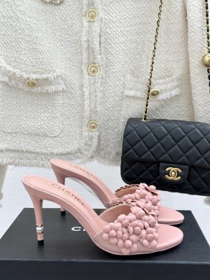 Chanel Lambskin Heel Slides Sandal 8cm with Camellia Bloom pink 2025