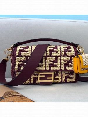 Fendi Raffia Baguette Medium Bag Burgundy  2021 Collection