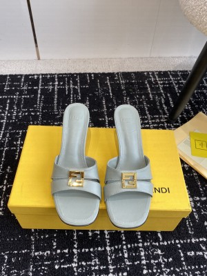 Fendi FFold medium-heeled slide sandals 6cm in Calfskin green