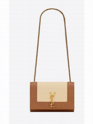 SAINT LAURENT KATE SMALL IN CANVAS AND LEATHER 742580 NATUREL AND BRICK