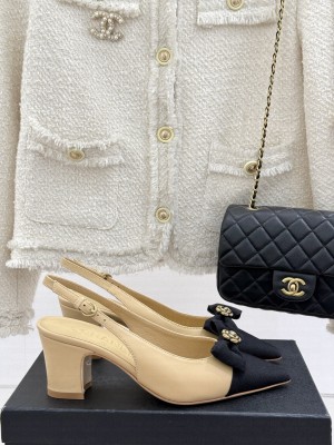 Chanel Camellia Bowknot Chunky Heel Slingback Sandals Beige 2025 