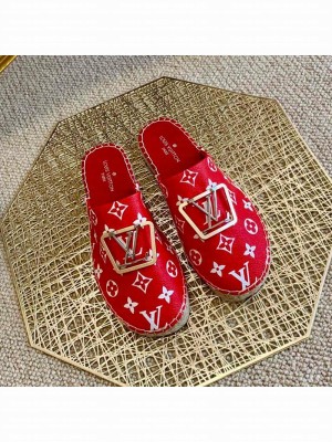 Louis Vuitton Monogram Canvas Espadrille Flat Mules with Square LV Buckle Red 2021 Collection