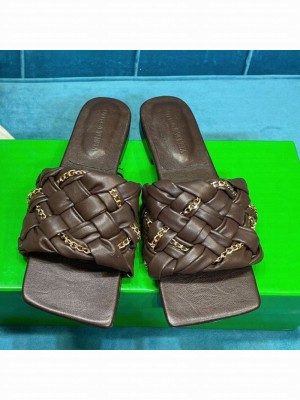 Bottega Veneta Leather Chain Woven Flat Slide Sandals Brown  2021 Collection