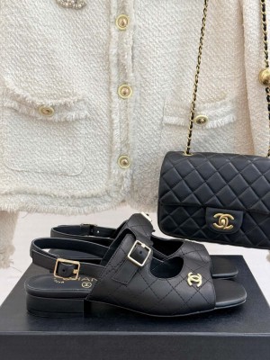 Chanel Goatskin CC logo Flat Sandal Black
