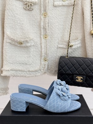 Chanel Quilted Denim Heel Slides Sandal 5cm with Camellia Light Blue 2025