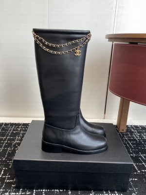 Chanel Calfskin with Dropped Chain High Boots Black