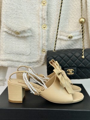 Chanel Glitter Heel 6cm Imitation Pearls G45812 Sandals Beige