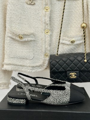 Chanel Strass & Grosgrain Slingback Flat G31318 White/Black 2024