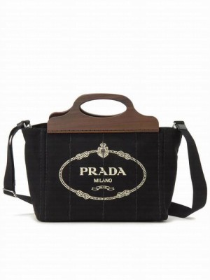Prada Wooden Handle Canvas Tote Bag Black